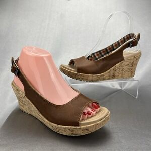 Crocs Women's A Leigh Cork Wedge Sandals Sz 8 Slingback Peep-Toe Brown Leather